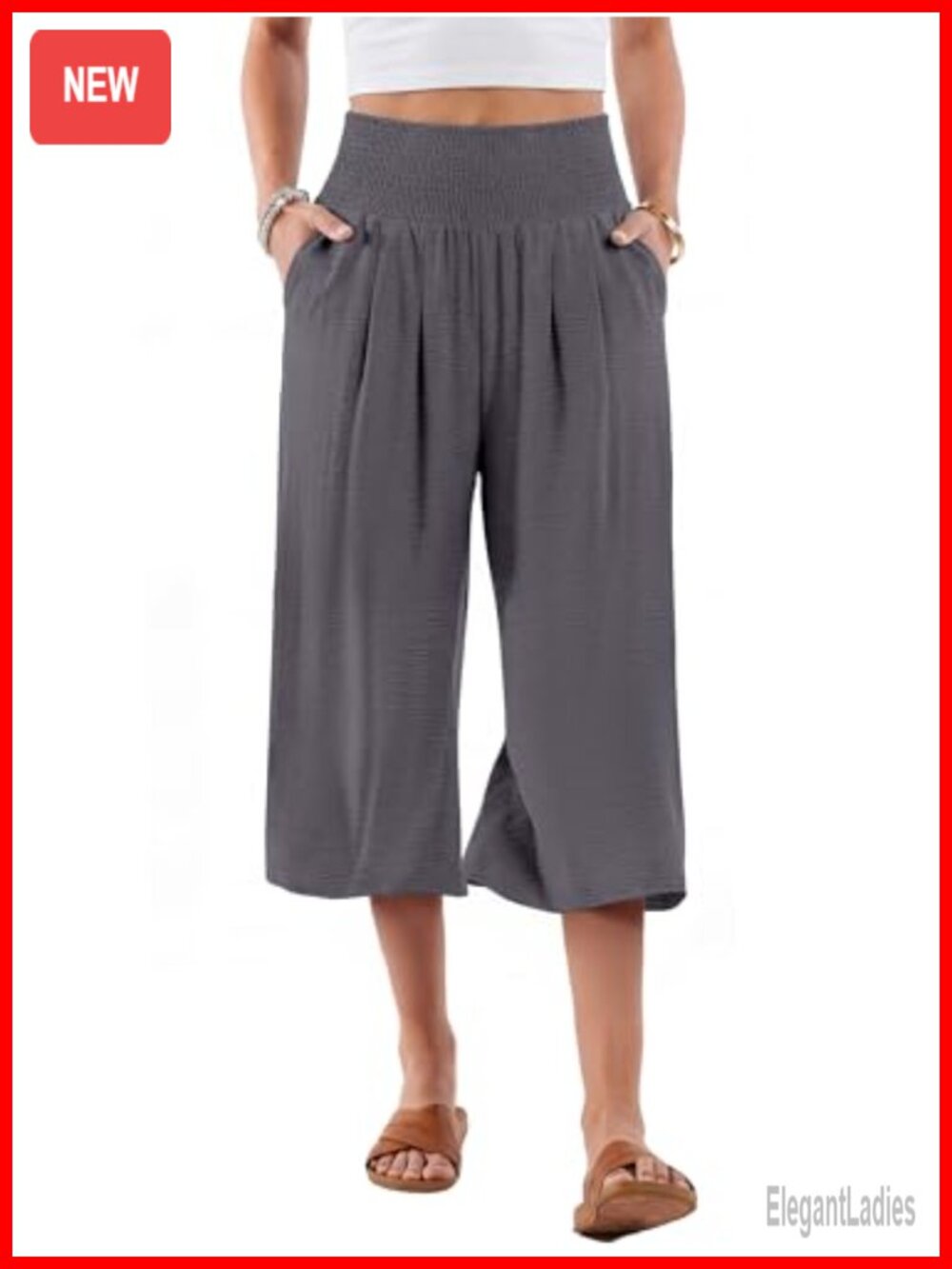 Women Capri Pants Smocked High Waist Pleated Wide Leg with Pockets
